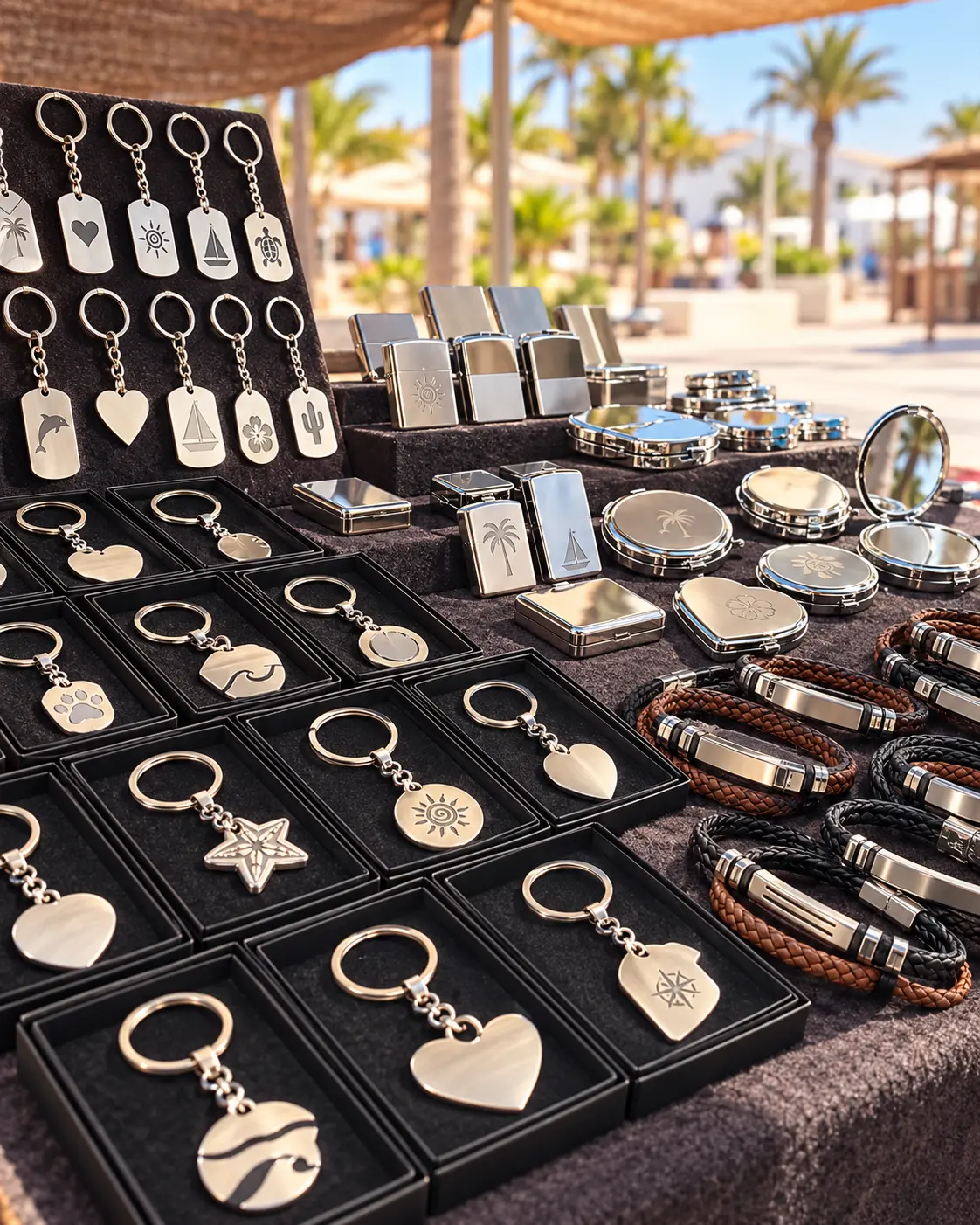 Puesto de mercadillo artesanal con piezas de latón, cobre y acero sobre tela de lino
